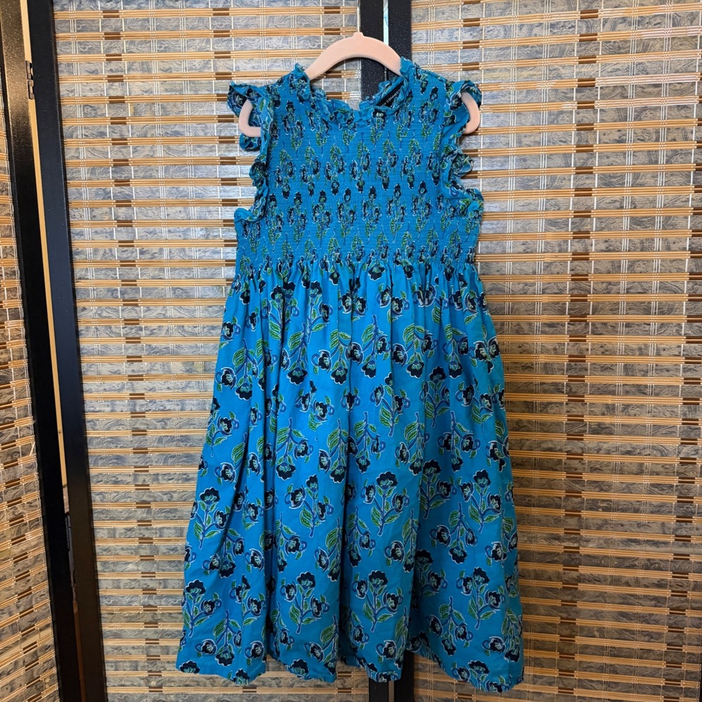French Connection Floral Smocked Dress Girls M 10/12 Blue Boho Cotton Ruffle